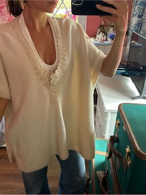 Cream V-Neck Embroidered Knit Tunic Top - Women